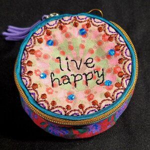 Natural Life Round Barrel Coin Purse Gem Embellished Floral Zippered Live Happy